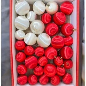 Lot of 35 Vintage Shiny Satin Sheen Spun Styrofoam Ornaments Red & White 3 Sizes